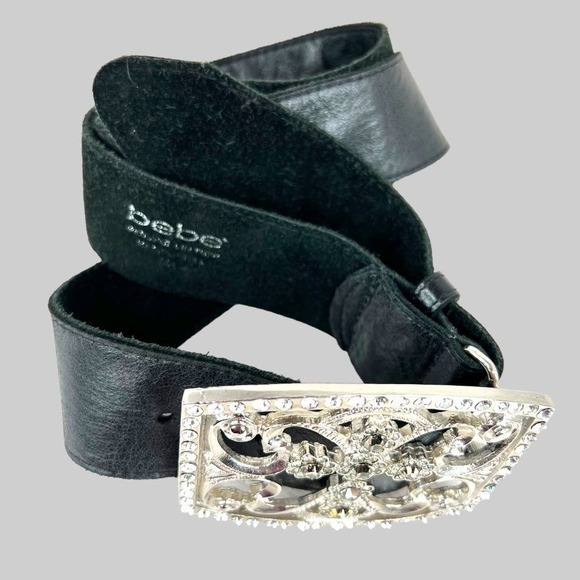Bebe Cross Buckle Black Leather Belt Rhinestone Studded Women's Size S/M - Picture 13 of 14